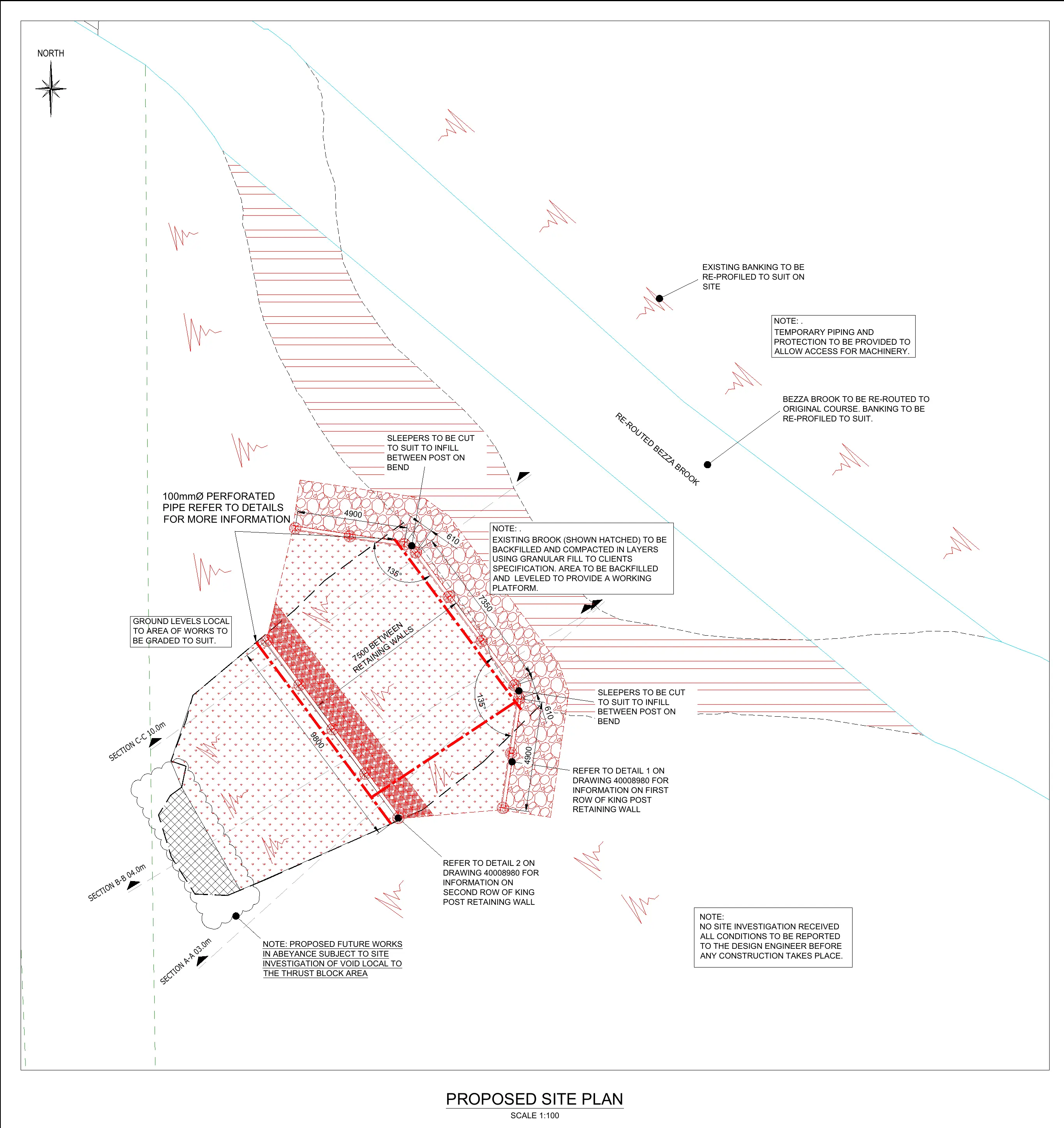 A.E. Yates proposed works layout for Bezza Brook showing the retaining wall, reinstated brook alignment and delivery interfaces